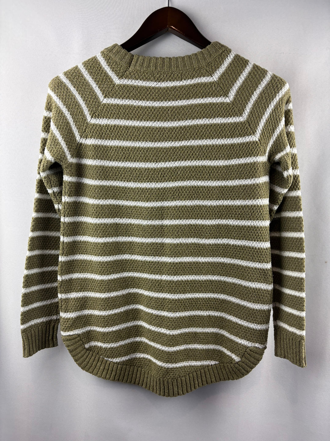 Women’s Pink Clover Small Olive Green w/ White Stripes Sweater