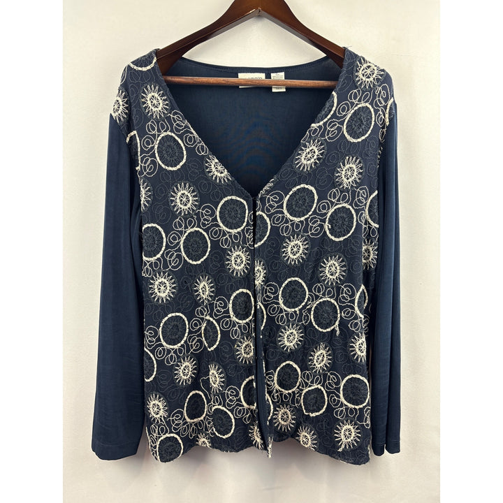 Women's Chico’s 2XL Navy Blue with White & Black Embroidery Long Sleeve Sweater
