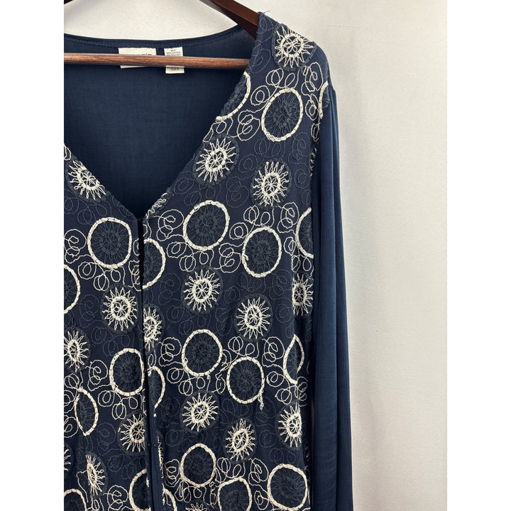 Women's Chico’s 2XL Navy Blue with White & Black Embroidery Long Sleeve Sweater