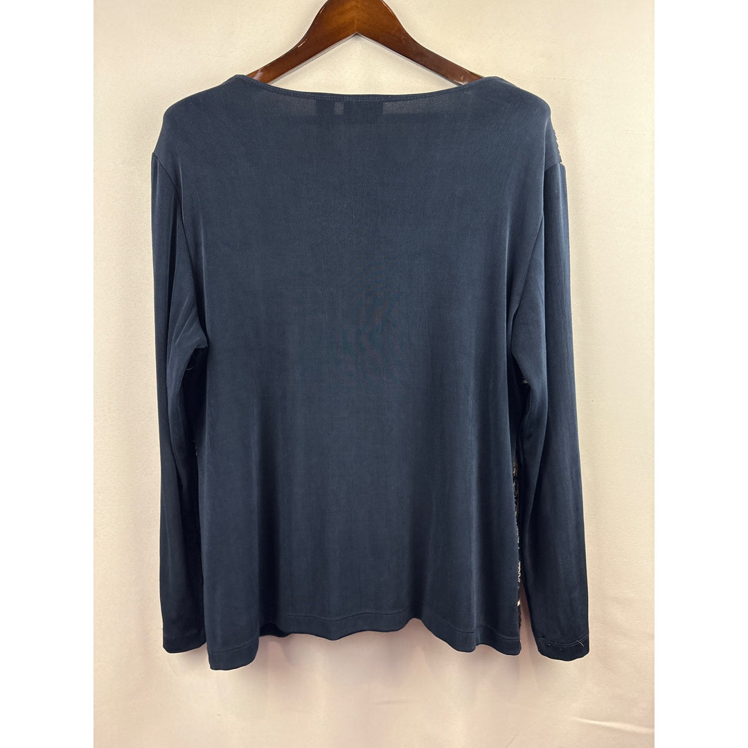 Women's Chico’s 2XL Navy Blue with White & Black Embroidery Long Sleeve Sweater