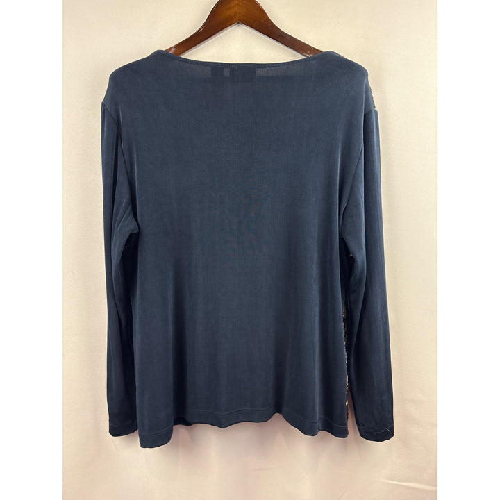 Women's Chico’s 2XL Navy Blue with White & Black Embroidery Long Sleeve Sweater