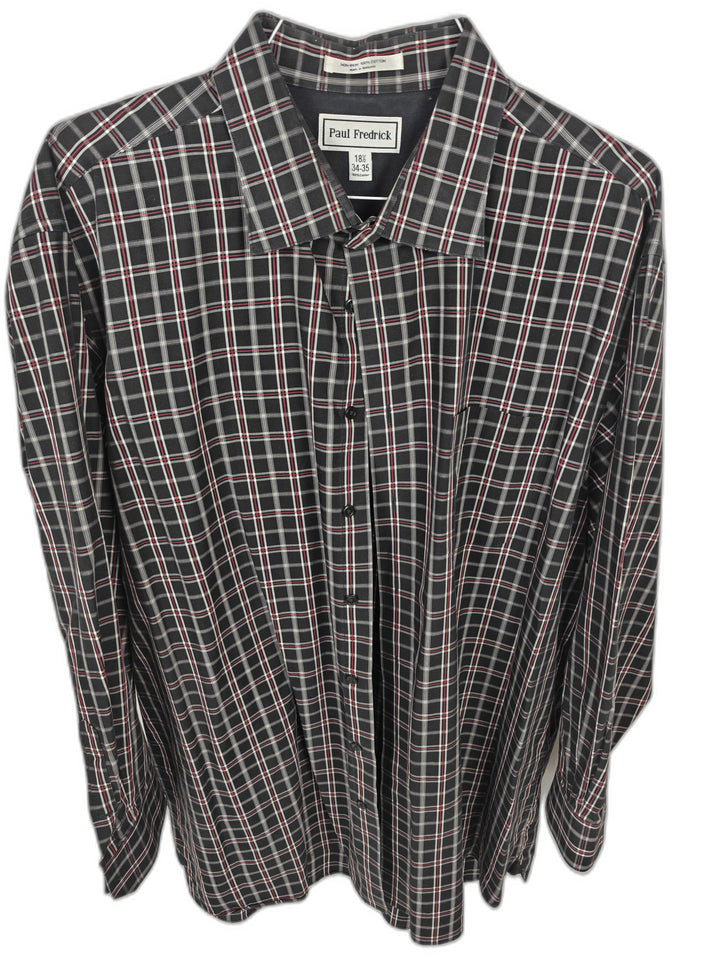 Paul Fredrick Men's 18.5 34-35 Black Red White Plaid Dress Shirt Non-Iron 100% Cotton