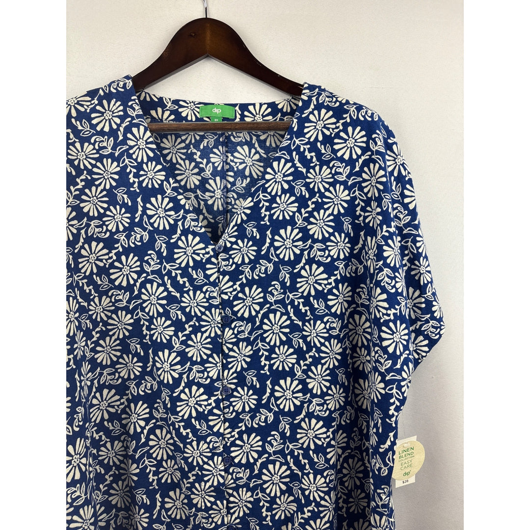 Women’s Dip 2X Cobalt Blue w/ White Florals Short Sleeve Button Up Shirt