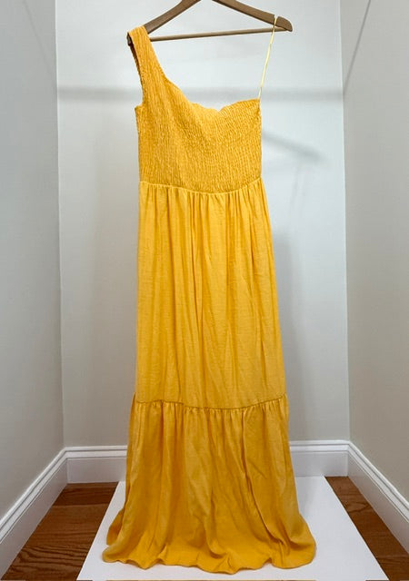 Nine West One‑Shoulder Yellow Smocked Maxi Dress SzL