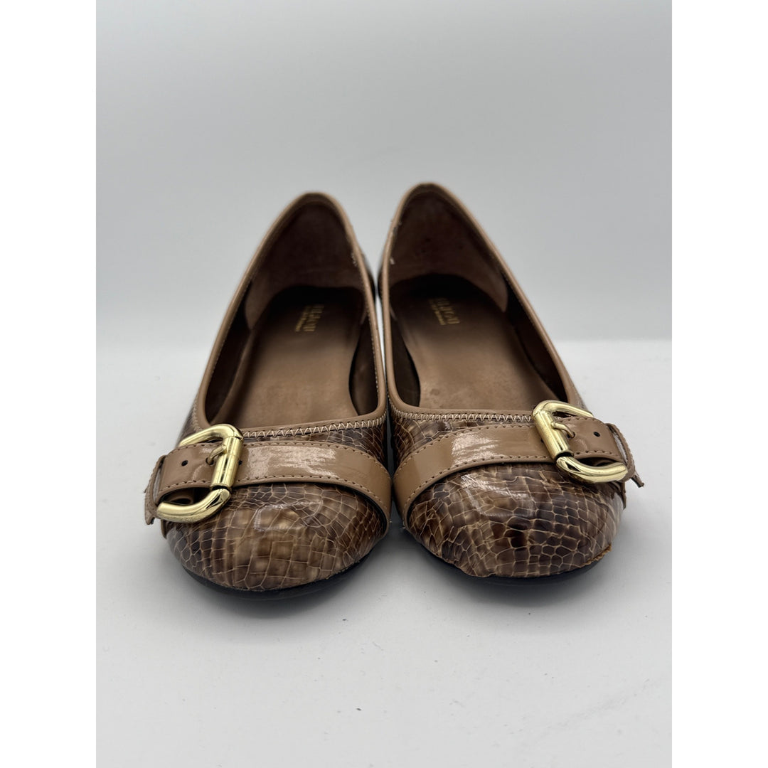 Bjoru By A. J. Valenci Womens Brown Croc-Embossed Leather Ballet Flats With Buckle Detail Size 8.5