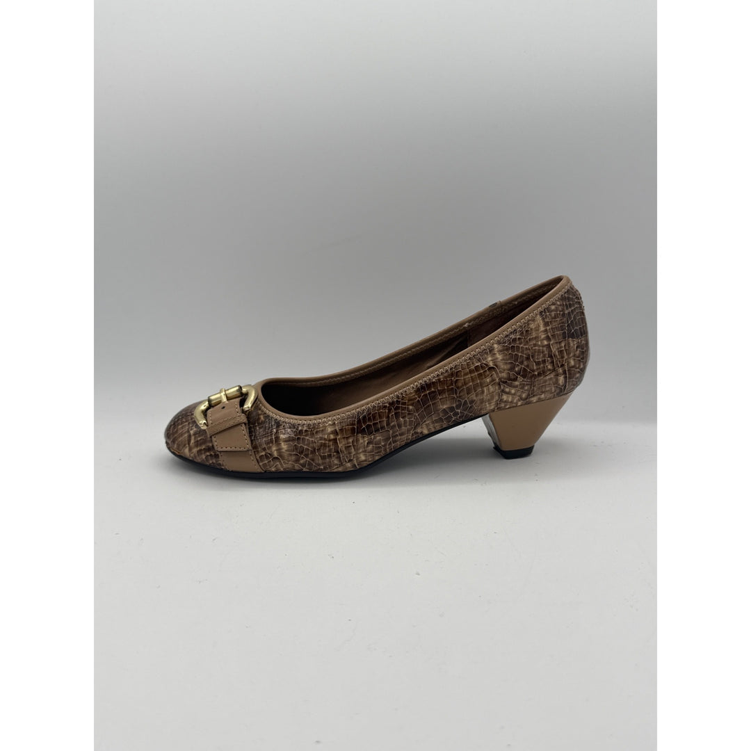 Bjoru By A. J. Valenci Womens Brown Croc-Embossed Leather Ballet Flats With Buckle Detail Size 8.5