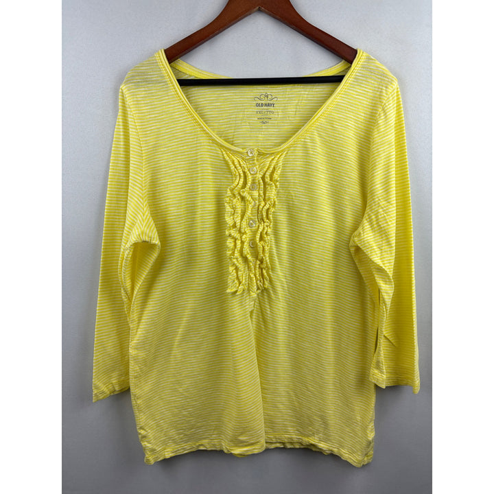 Women’s Old Navy 2XL Yellow & White Striped Long Sleeve Shirt with Ruffled Buttons