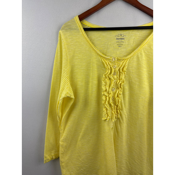 Women’s Old Navy 2XL Yellow & White Striped Long Sleeve Shirt with Ruffled Buttons