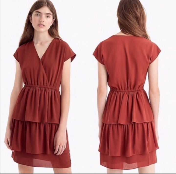 Point Sur x J.Crew Brown Surplice Ruffle Tiered Dress Sz14