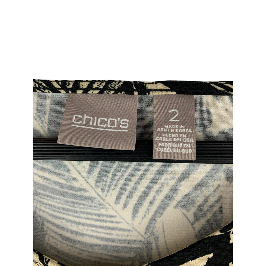 Chicos Womens Size 2 Black & Cream V-Neck Top With Leaf & Animal Print