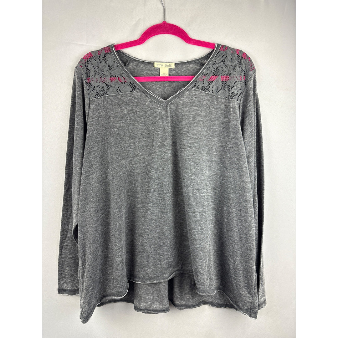 Tru Self Gray Lace Accent V-Neck Long Sleeve Top Size 2X