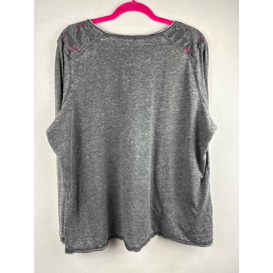 Tru Self Gray Lace Accent V-Neck Long Sleeve Top Size 2X