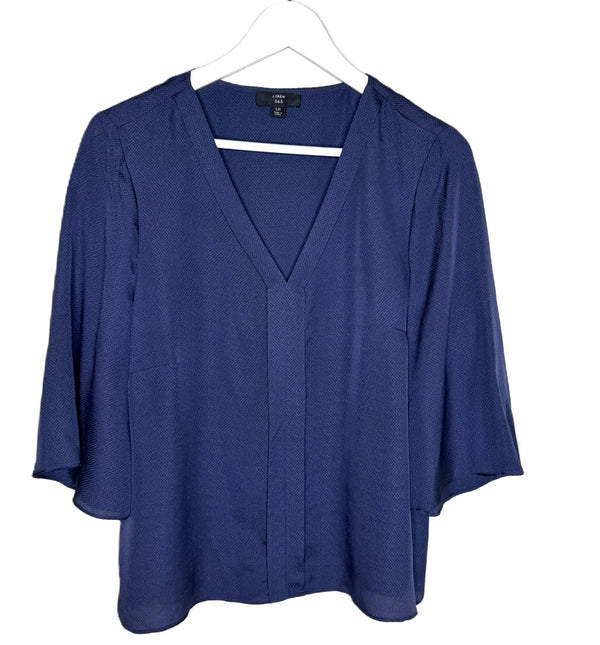 J. Crew 365 Women's Navy Blue Silk Popover V-Neck Blouse, Size Large Petite