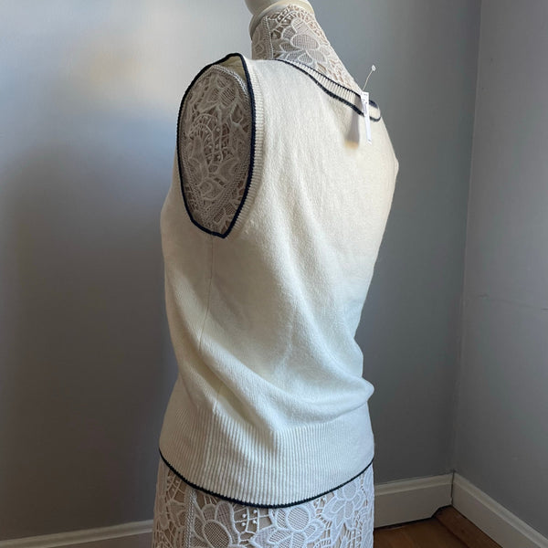 Old Navy Academia White/Cream V-neck Sweater Vest Navy Trim Fall Layer Size Med