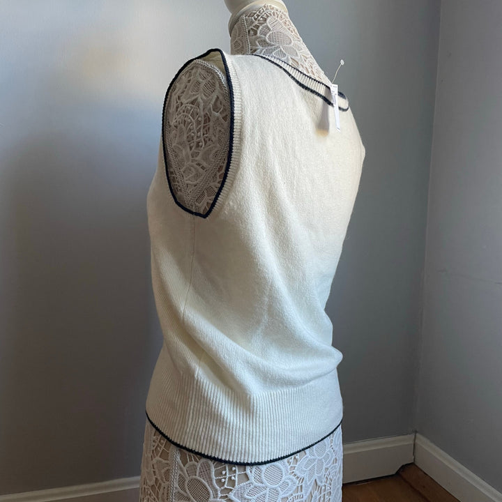 Old Navy Academia White/Cream V-neck Sweater Vest Navy Trim Fall Layer Size Med