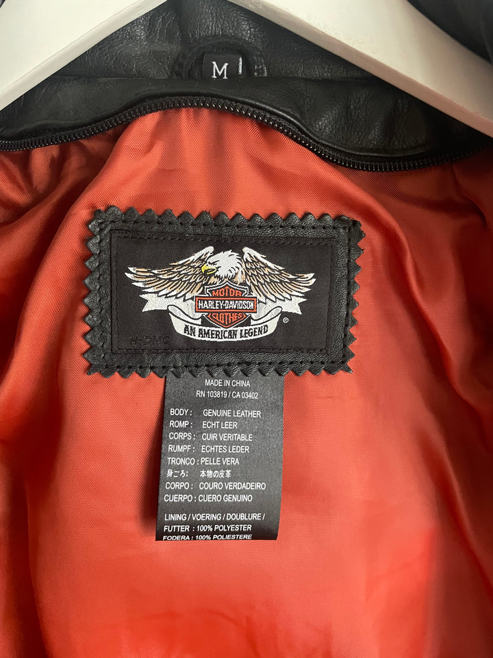 Harley Davidson Womens Black Leather Jacket Flame Embroidery Zip Front Sz M