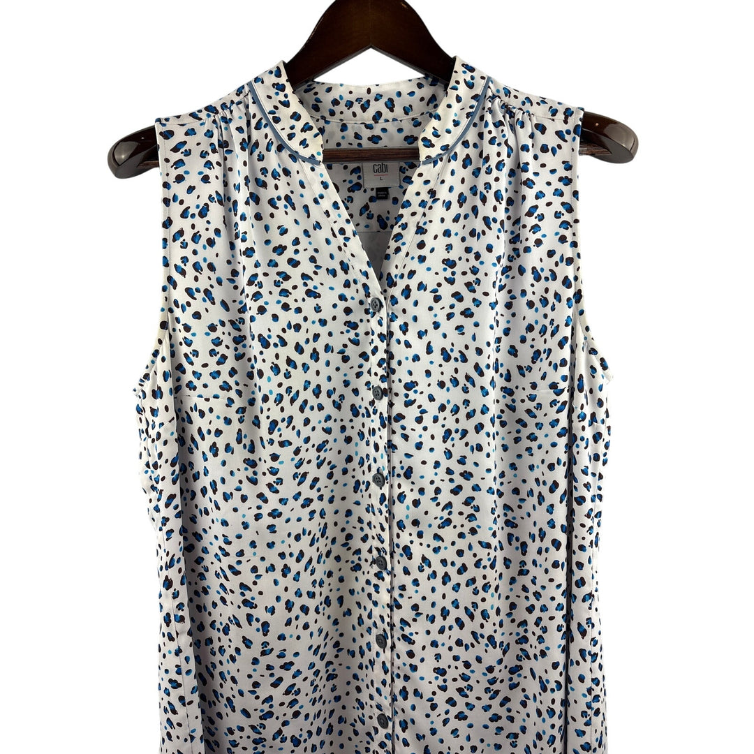 Women’s CAbi Large White Sleeveless Button Up Dress w/ Blue Animal Print