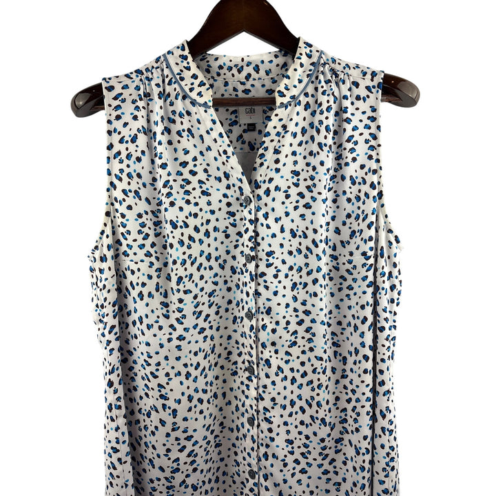 Women’s CAbi Large White Sleeveless Button Up Dress w/ Blue Animal Print