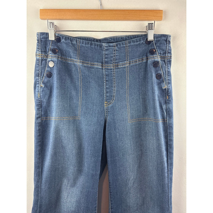 Women’s Chico’s Size 10 Dark Blue Wide Leg Jeans w/ Button Detail