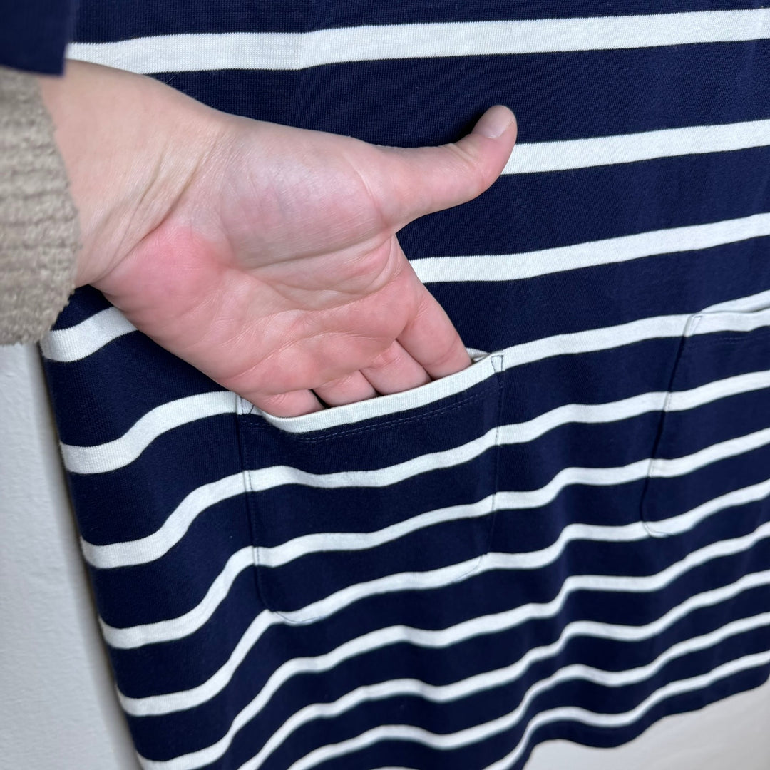 Boden Navy Blue Striped 3/4 Sleeve Shift Dress w/ Pockets, Size 8
