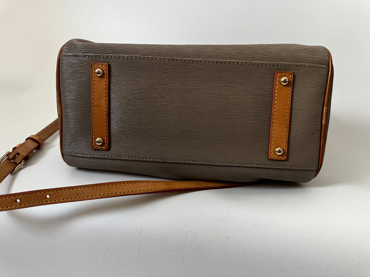 Dooney &amp; Bourke Taupe Gray Satchel Bag Tan Leather Trim Crossbody Strap