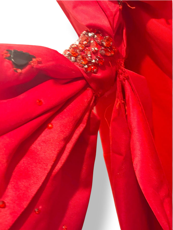 Ava Presley 29121 Red Satin Beaded Mermaid Prom Evening Gown Size 10 Bow Train