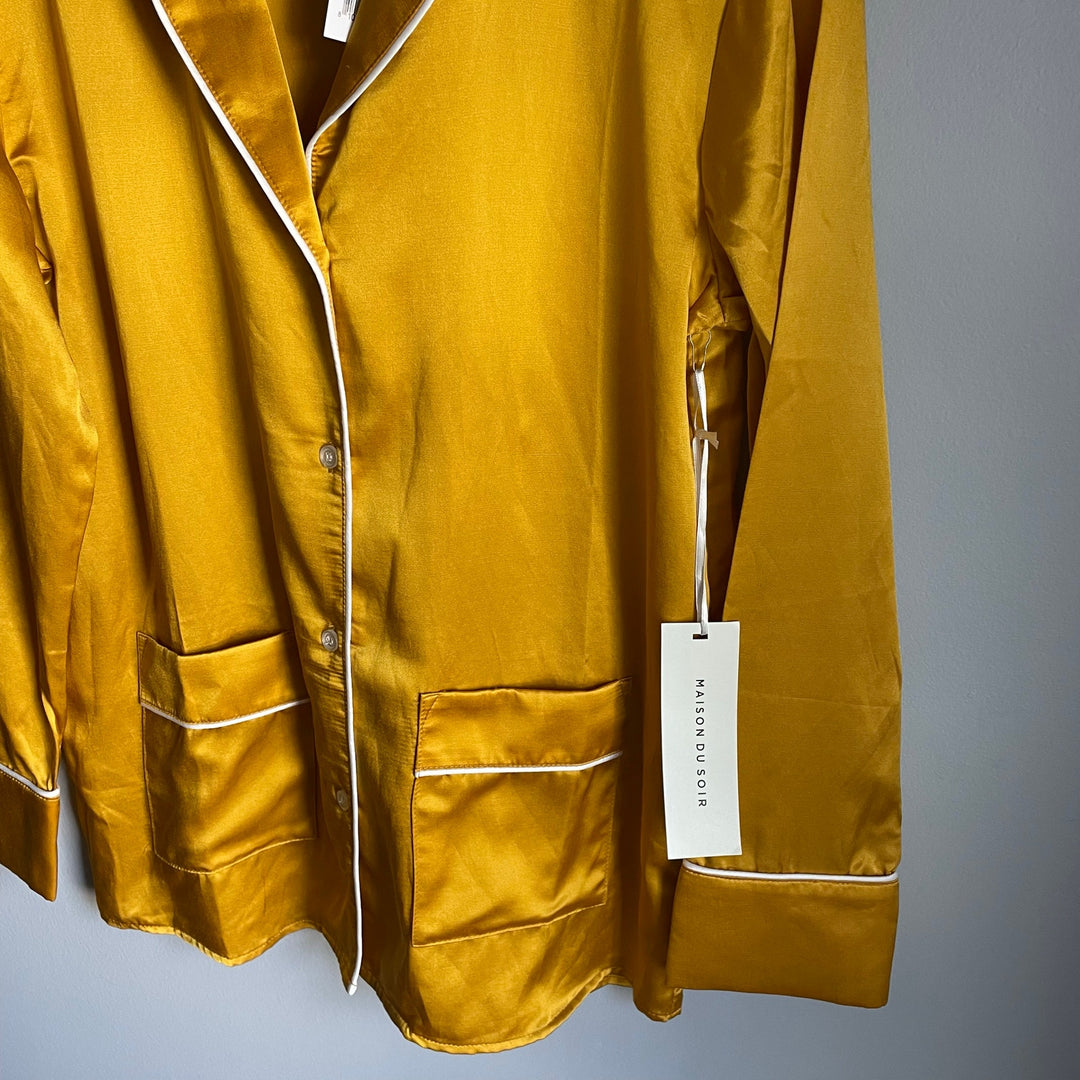 Maison Du Soir Gold Silk/Cotton Blend Button Down Pajama Top Blouse XS