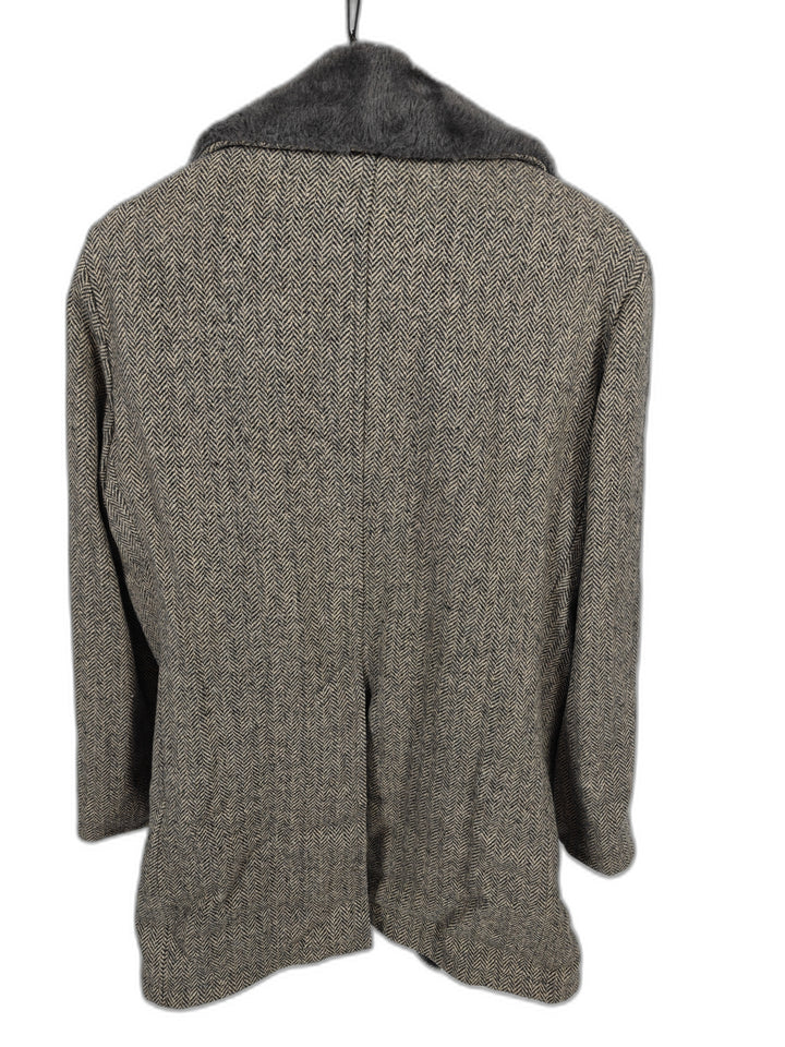 Mens Aberdeen Herringbone Tweed Coat Gray Brown Faux Fur Collar Size Unknown