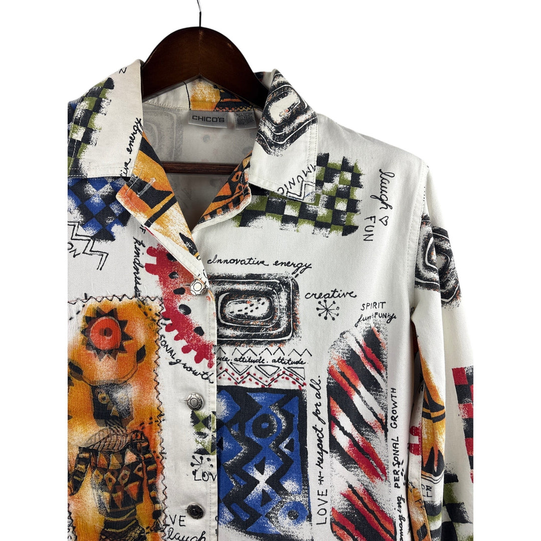 Women’s Chico’s Size 1 White Button Up w/ Multicolor Pattern