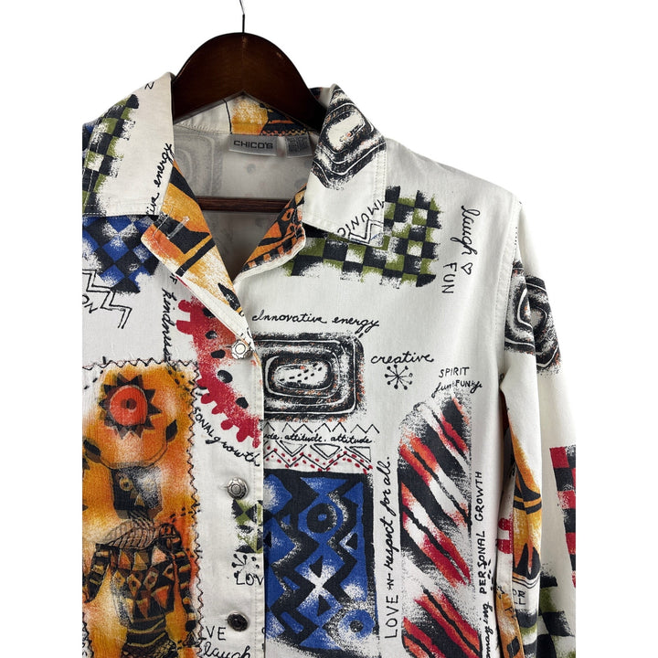 Women’s Chico’s Size 1 White Button Up w/ Multicolor Pattern