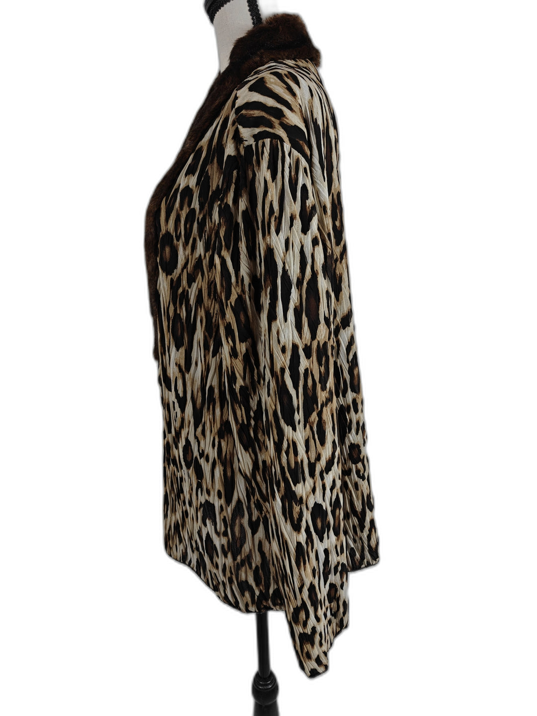 Chicos Leopard Print Sheer Blouse With Faux Fur Collar Brown Black Size 3