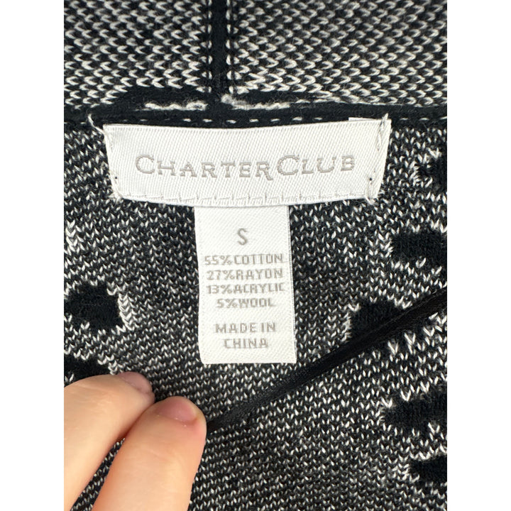Women’s Charter Club Small Black Open Sweater w/ White Floral Design