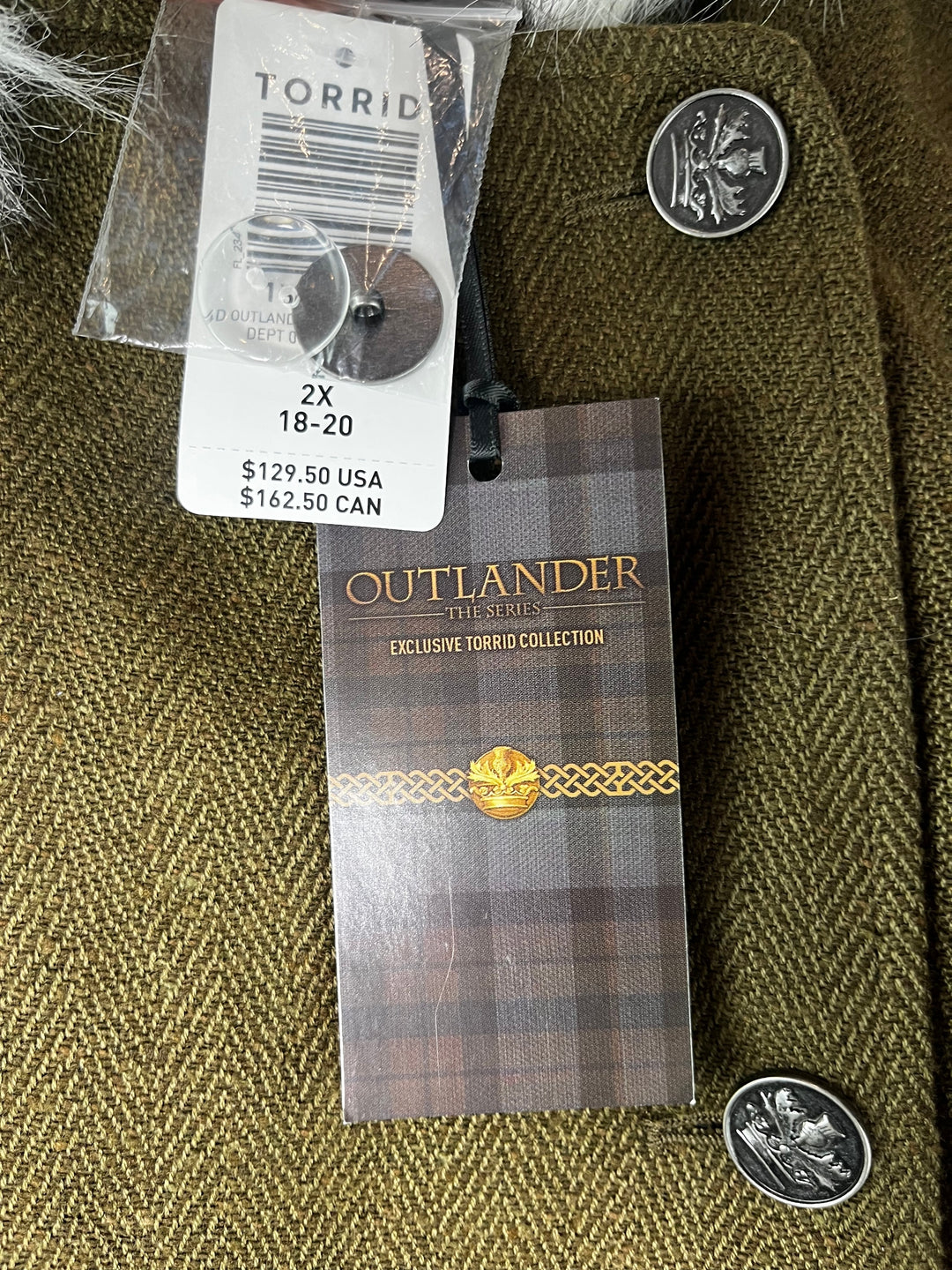 Womens Torrid Outlander Olive Tweed Hooded Faux Fur Coat Size 2X