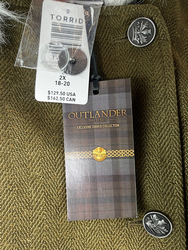 Womens Torrid Outlander Olive Tweed Hooded Faux Fur Coat Size 2X