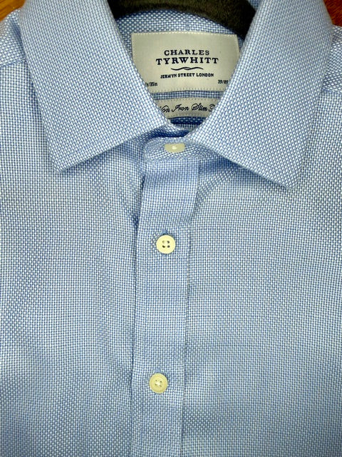Charles Tyrwhitt Non‑Iron Slim Fit Textured Blue Shirt SzM(15.5/35)