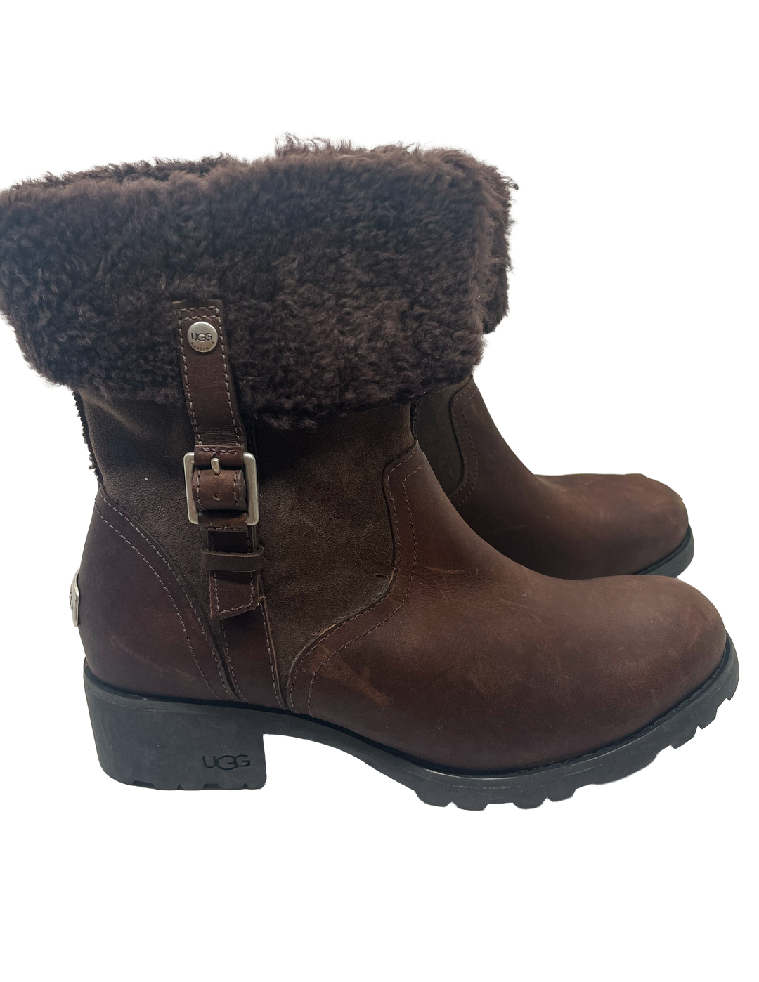 UGG Bellevue 1914 Brown leather Boots Womens US 8 Discontinued Shearling Heel Foldover