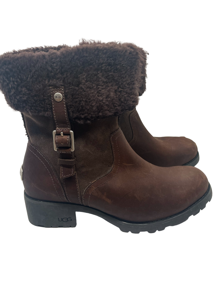 UGG Bellevue 1914 Brown leather Boots Womens US 8 Discontinued Shearling Heel Foldover