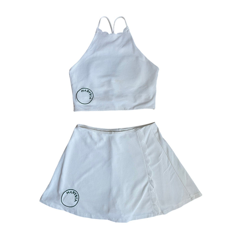 Marysia White Swim Suit Skort Set halter top size S top size M bottom Preppy Boho Clean Girl Vacation Cruise Bathing Suit