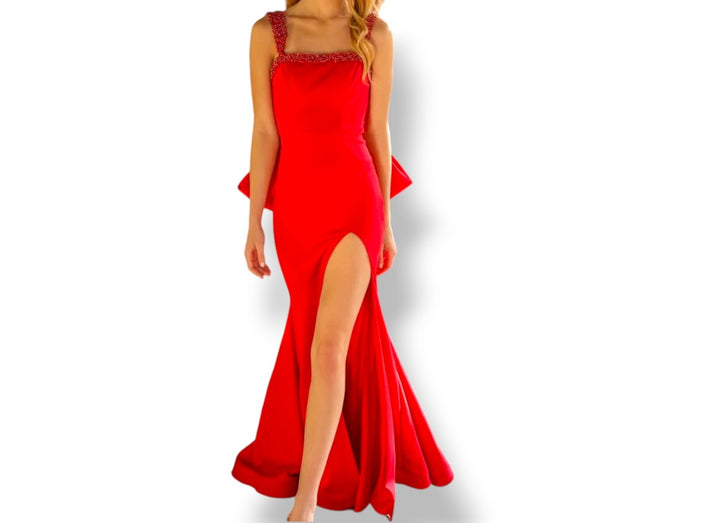Ava Presley 29121 Red Satin Beaded Mermaid Prom Evening Gown Size 10 Bow Train