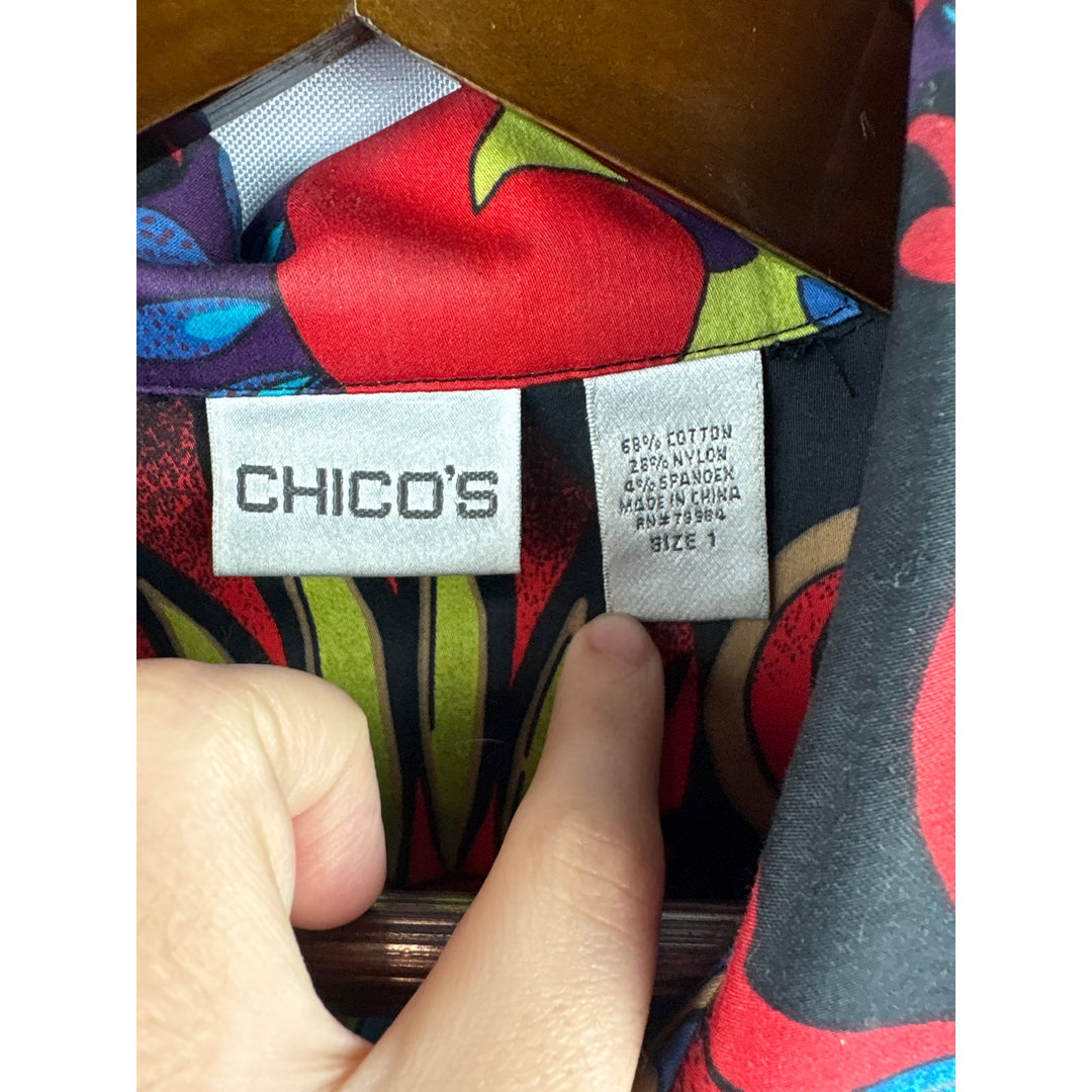 Women’s Chico’s Size 1 Black w/ Multicolor Paisley Button Up Shirt