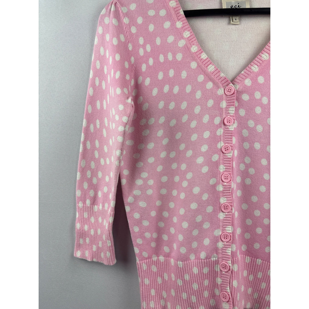 Eci New York Pink & White Polka Dot Cardigan Sweater Womens S 3/4 Sleeves V-Neck