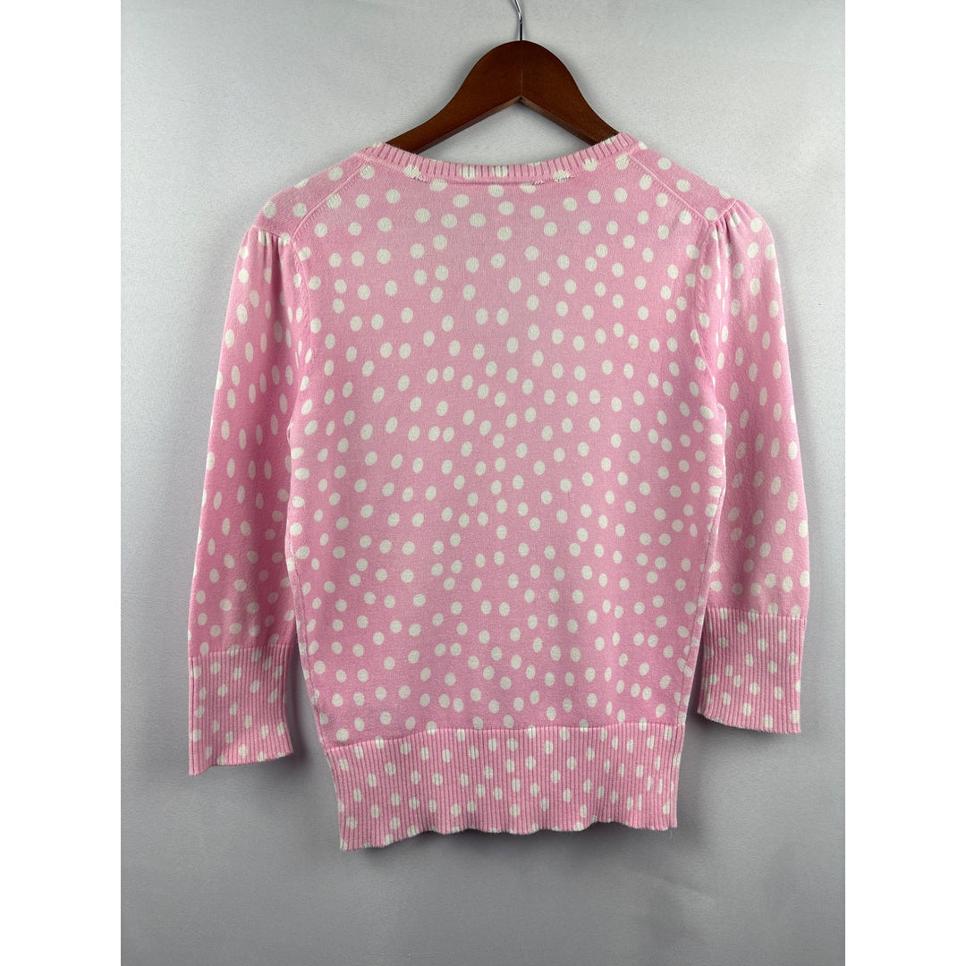 Eci New York Pink & White Polka Dot Cardigan Sweater Womens S 3/4 Sleeves V-Neck