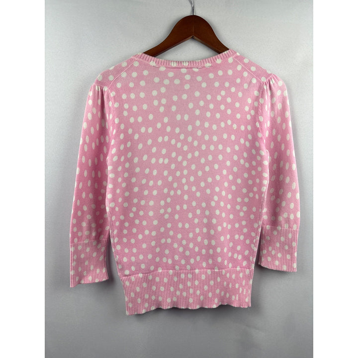 Eci New York Pink & White Polka Dot Cardigan Sweater Womens S 3/4 Sleeves V-Neck