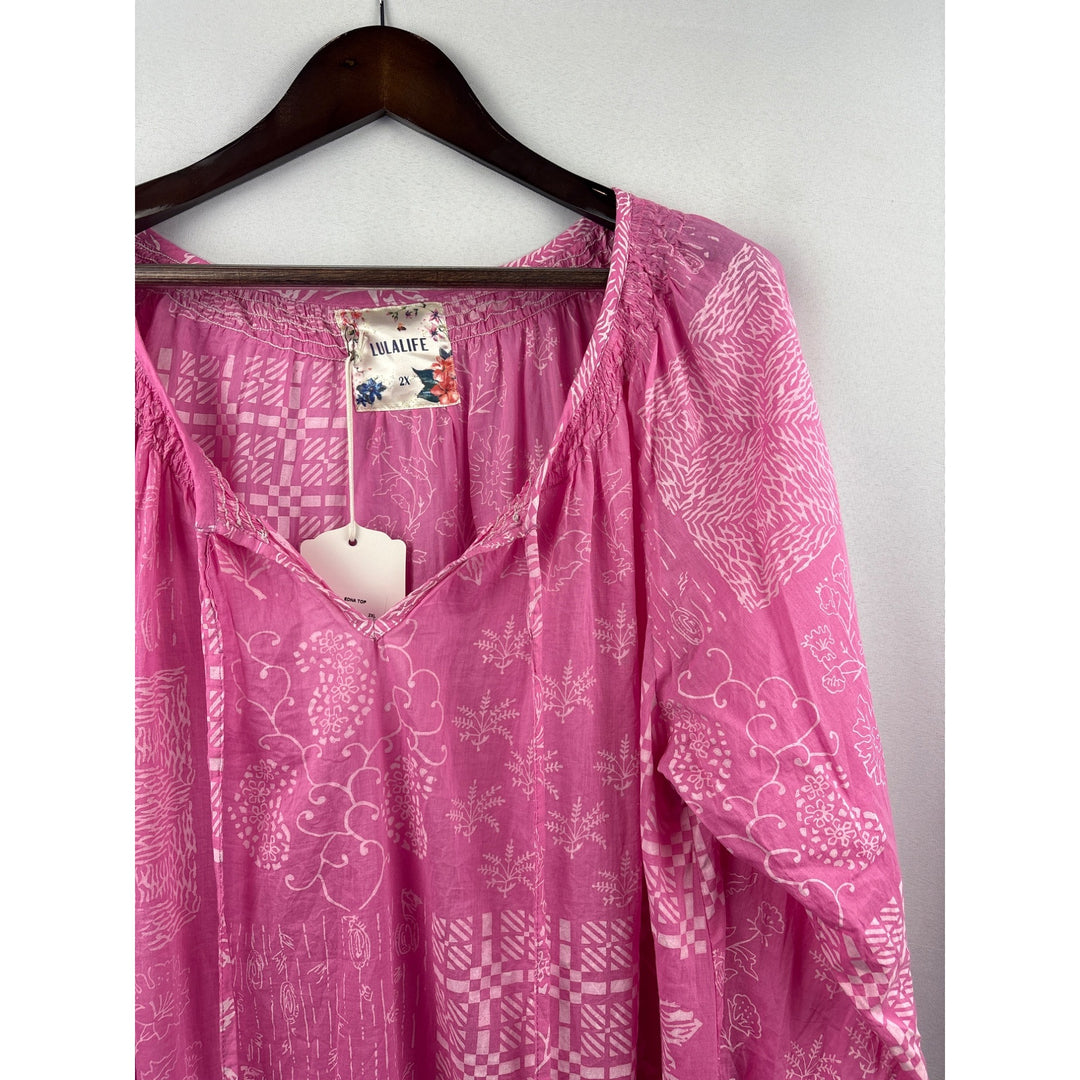 Women’s LulaLife 2X Bright Pink Edna Top with White Patterning