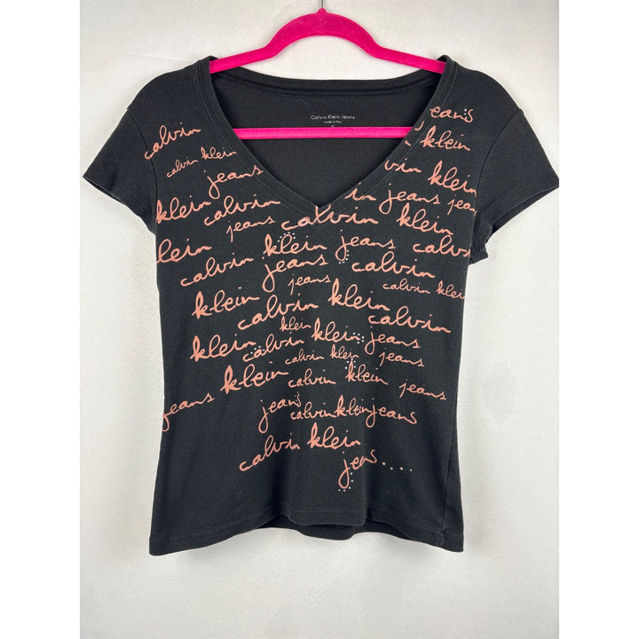 Calvin Klein Jeans Women's Black V-Neck Tee Top With Script Logo Print Size Medium