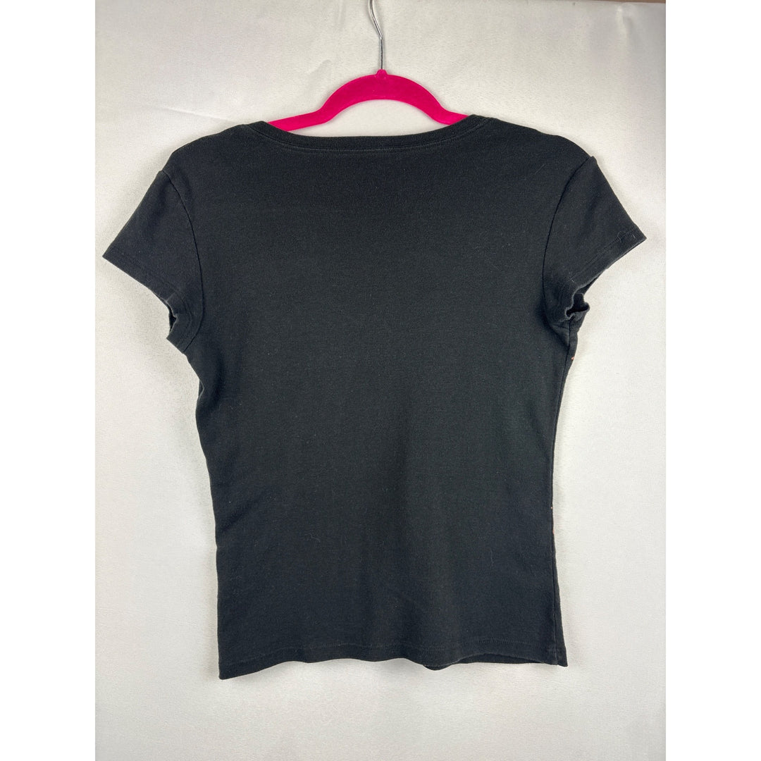 Calvin Klein Jeans Women's Black V-Neck Tee Top With Script Logo Print Size Medium