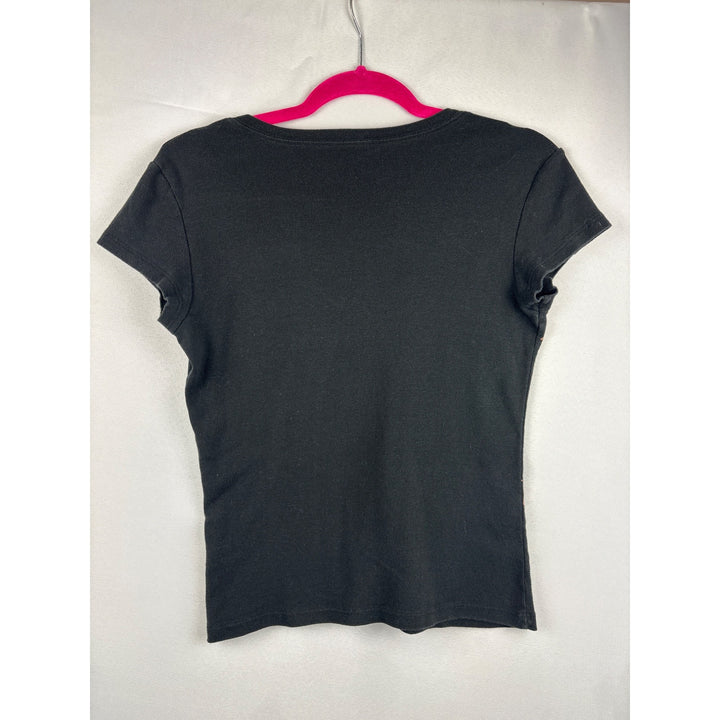 Calvin Klein Jeans Women's Black V-Neck Tee Top With Script Logo Print Size Medium