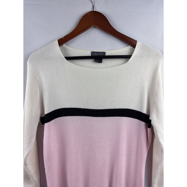 Takeout Womens Colorblock Sweater L 55% Acrylic 45% Cotton Ribbed Pink/White/Black