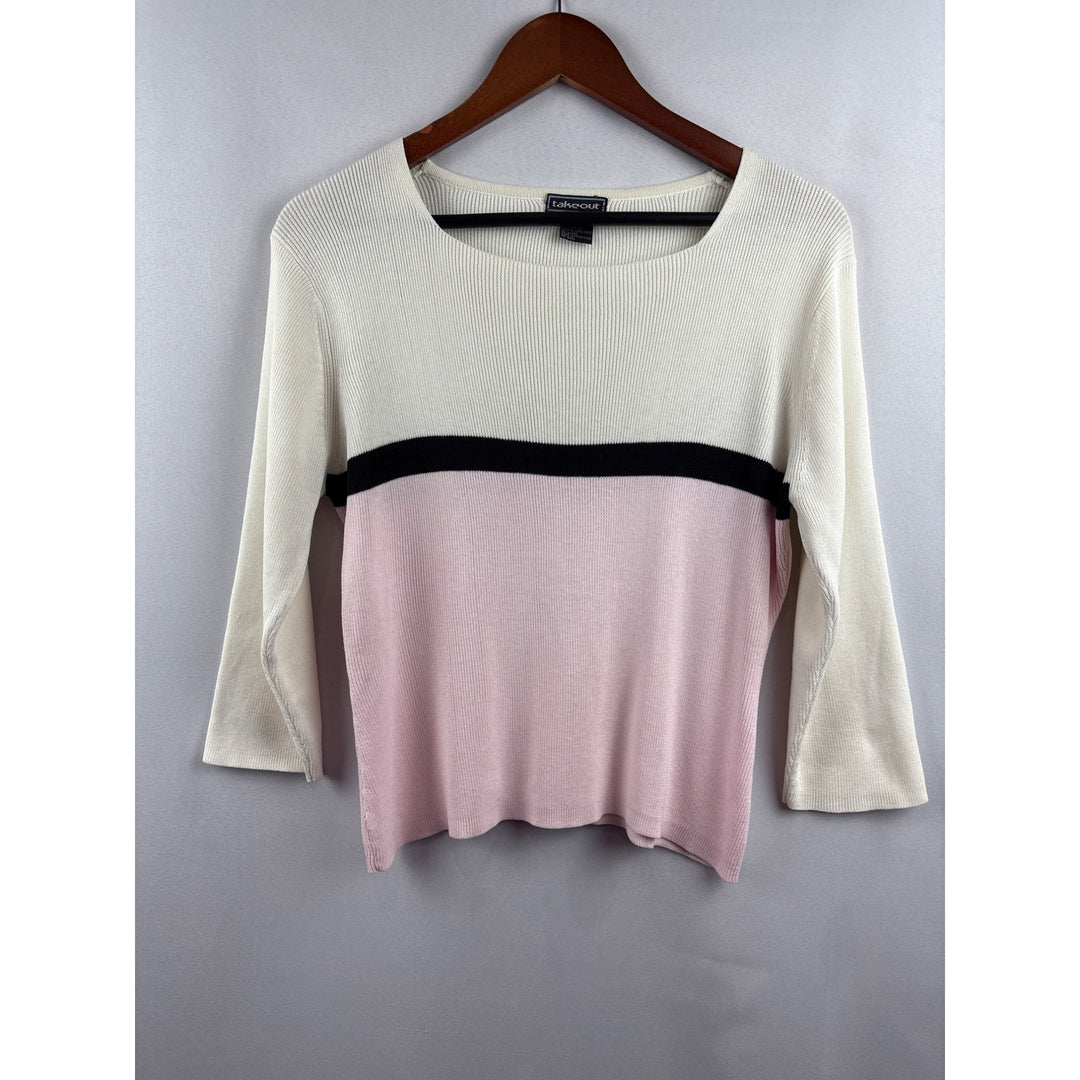 Takeout Womens Colorblock Sweater L 55% Acrylic 45% Cotton Ribbed Pink/White/Black