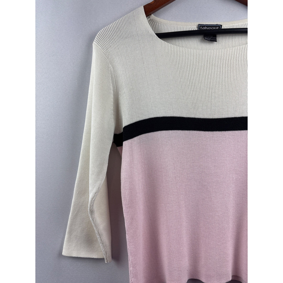 Takeout Womens Colorblock Sweater L 55% Acrylic 45% Cotton Ribbed Pink/White/Black